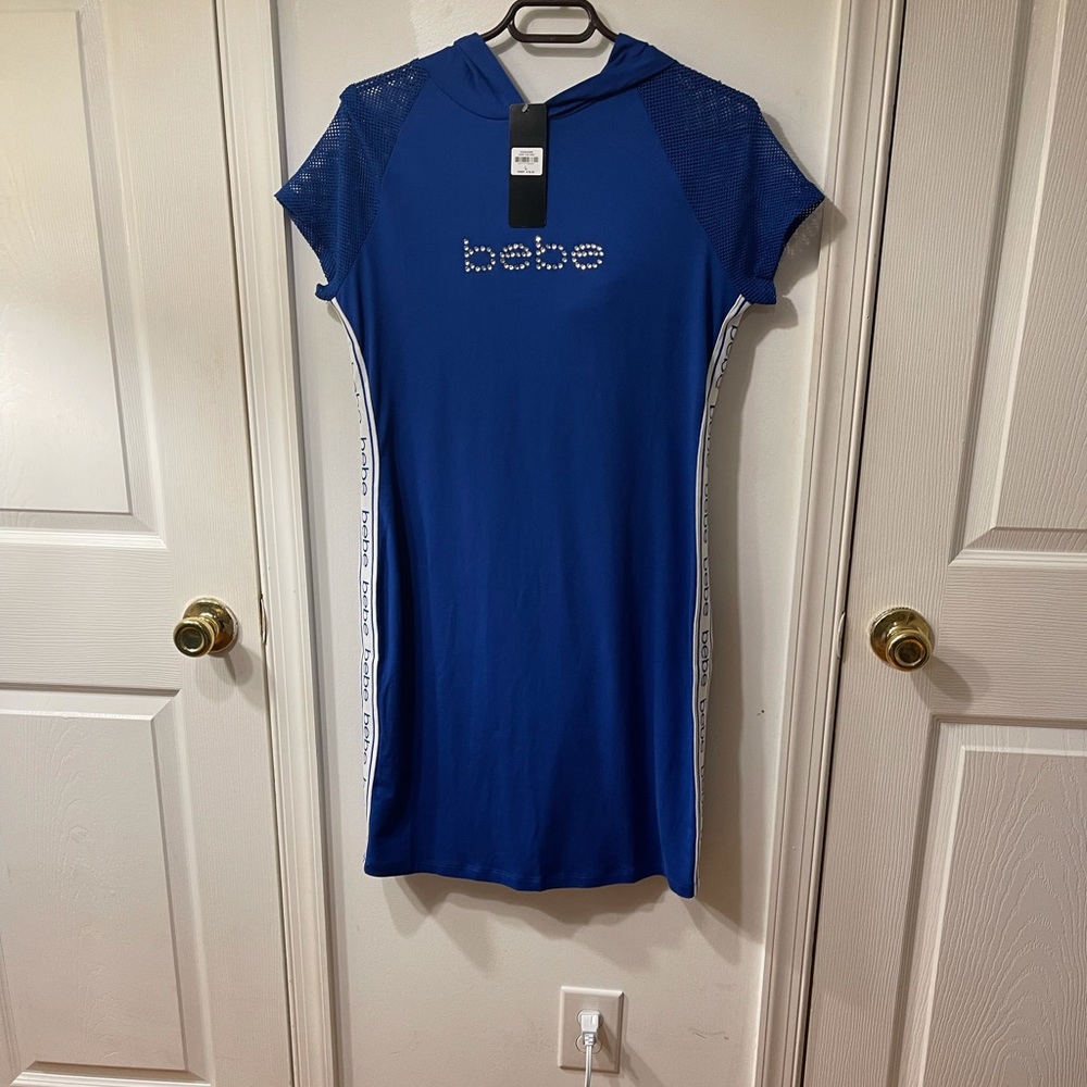 Bebe Dress Blue Hooded With Logo Stripes On Aides Size L